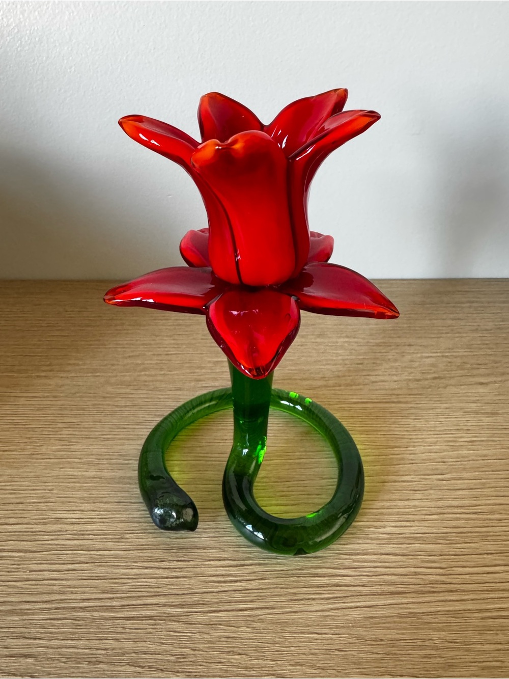 Red Glass Flower Sculpture or Candle Holder with Green Stem - Picture 5 of 9